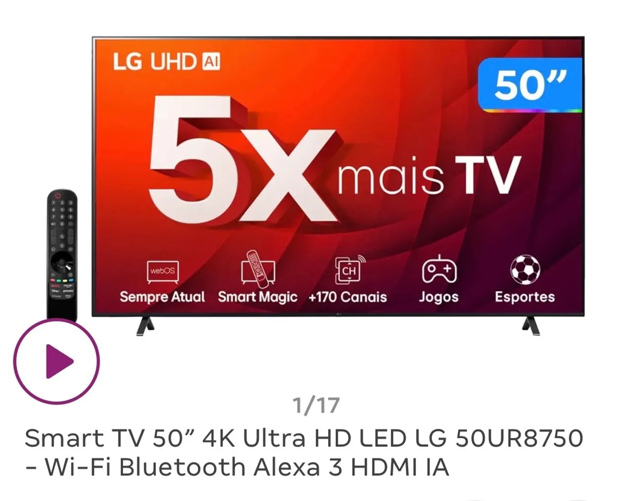 Smart TV LG 50UR8750 50'' 4K Ultra HD - Wi-Fi Bluetooth Alexa 3 HDMI IA
