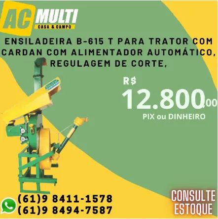 Ensiladeira B-615 T para trator COM cardan com alimentador automático, regulagem de corte