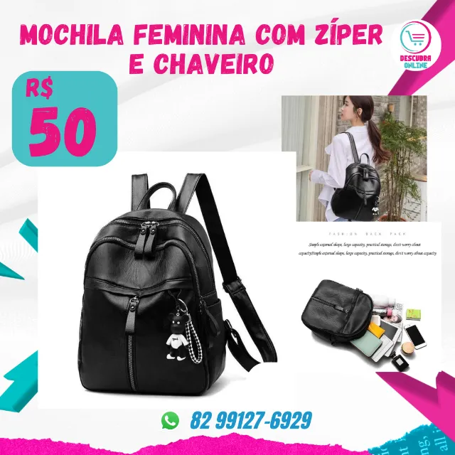 Mochila feminina com zíper e chaveiro
