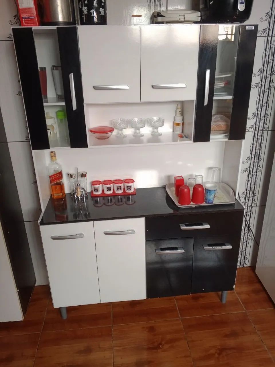 Armário de Cozinha Branco e Preto com 2 Portas
