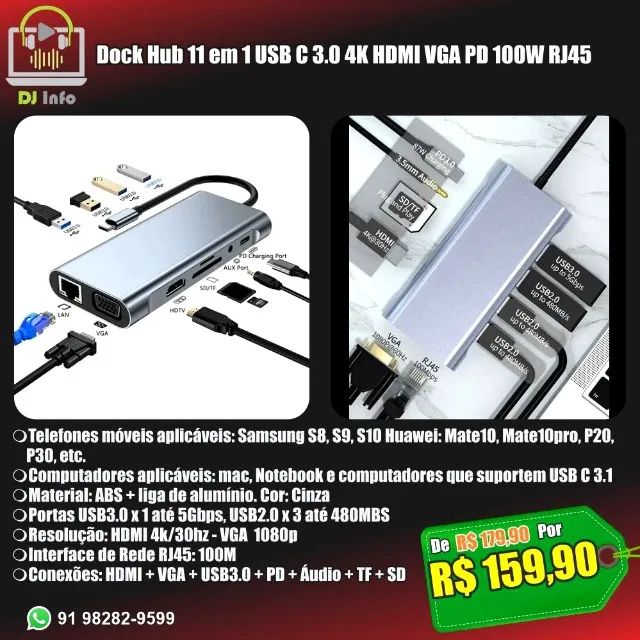 Dock Hub 11 em 1 USB C 3.0 4K HDMI VGA PD 100W RJ45