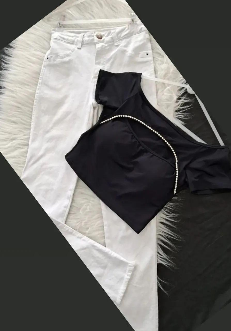  calça Skinny branca e cropped  strass tam P - Foto 3