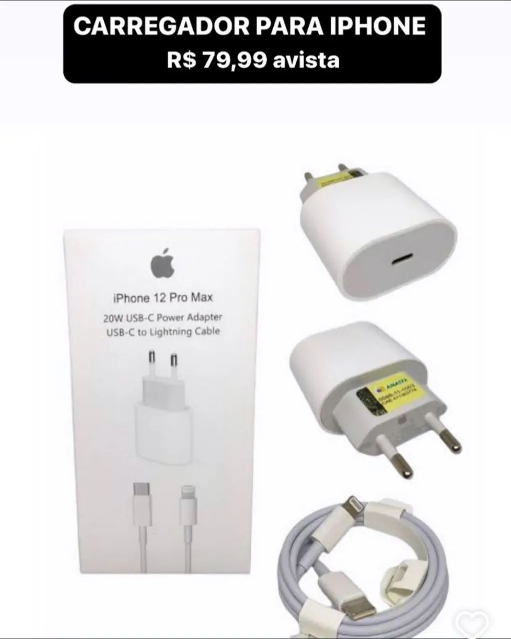 Carregador iPhone 12 Pro Max 20W USB-C + Cabo Lightning