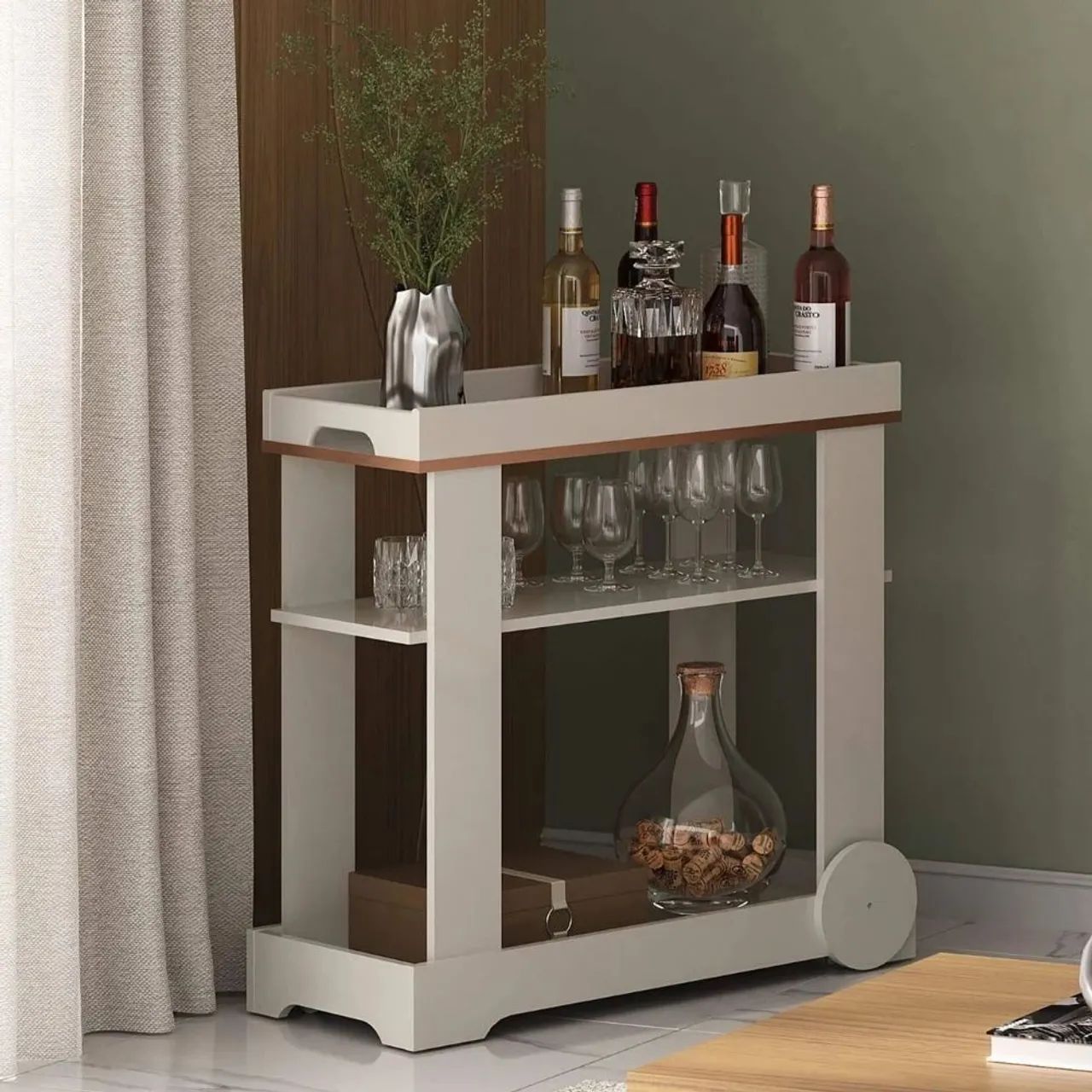 Aparador Bar Artely Rosé 1 Prateleira Rodízios Funcionais MDF - Off White<br>