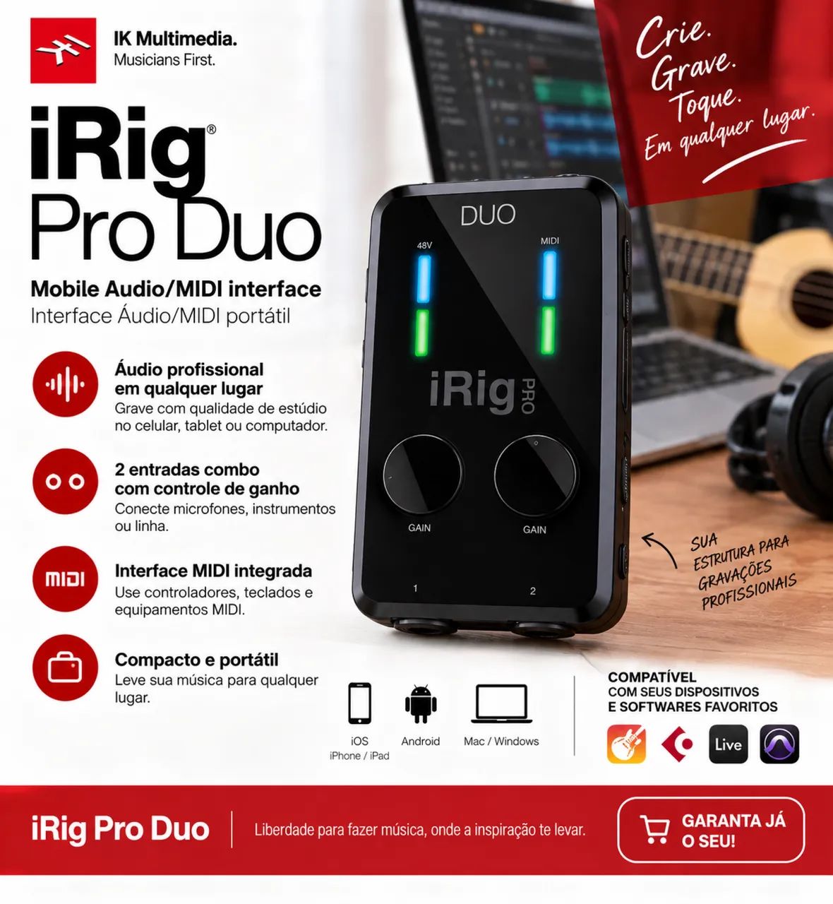iRig Pro Duo IK Multimedia - Interface de Áudio/MIDI Profissional
