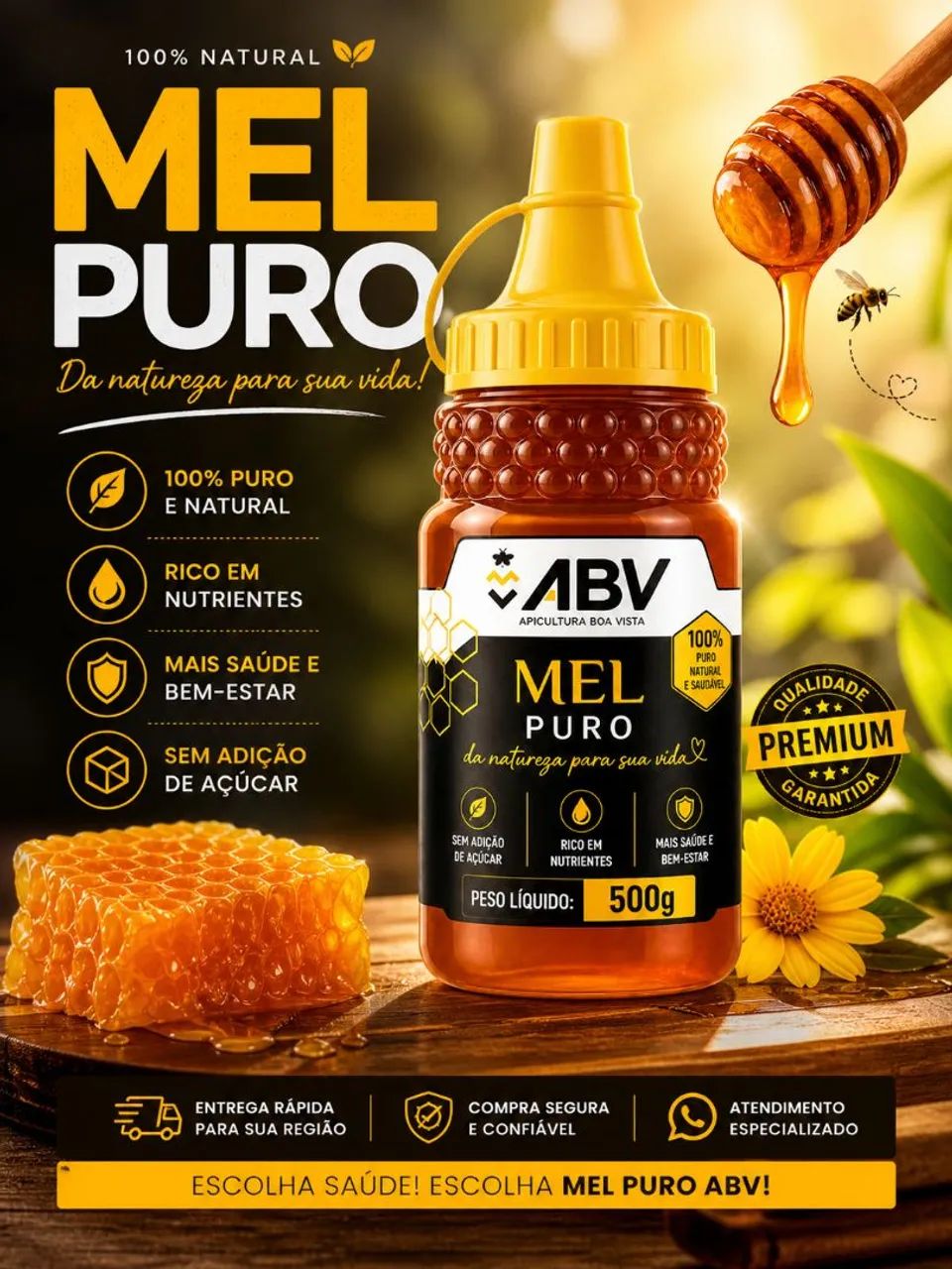 Mel 100% Natural ABV Puro Sem Conservantes Rico em Nutrientes 230g 280g 500g - Foto 2