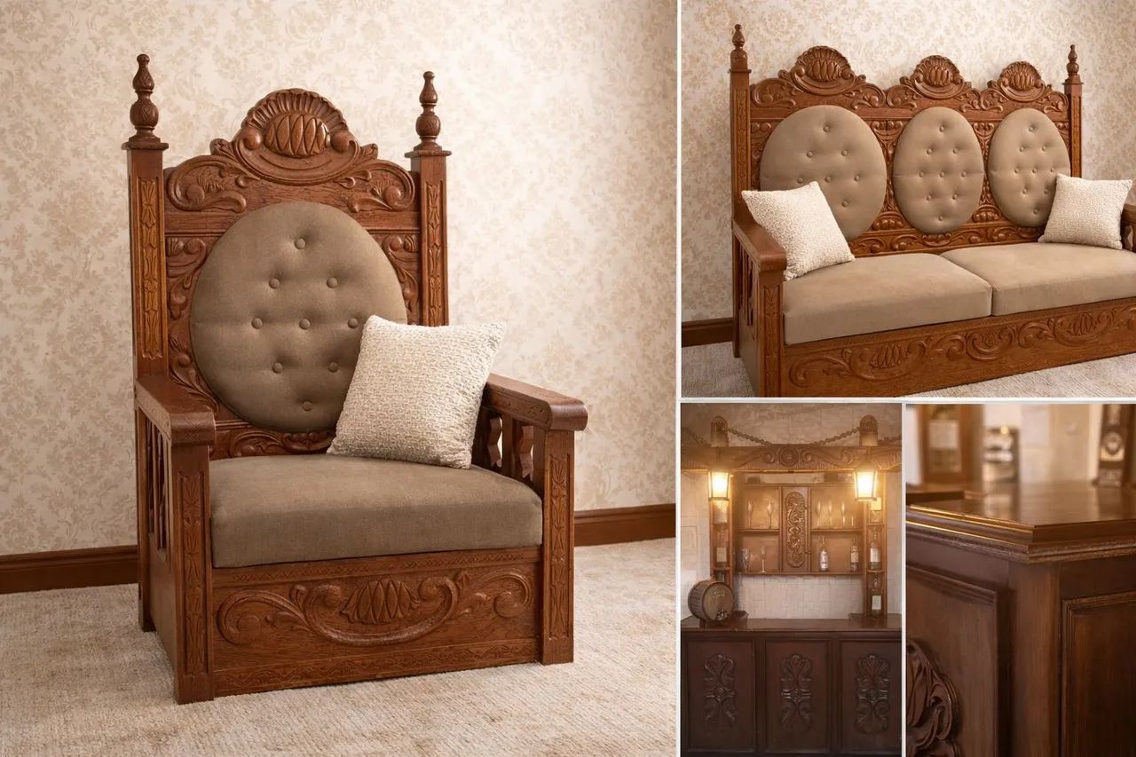 Sofás e bar clássicos em madeira de lei desenhadas