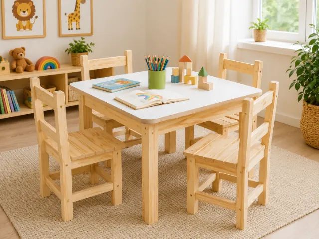 Conjunto Mesa Infantil Com 4 Cadeiras de Madeira