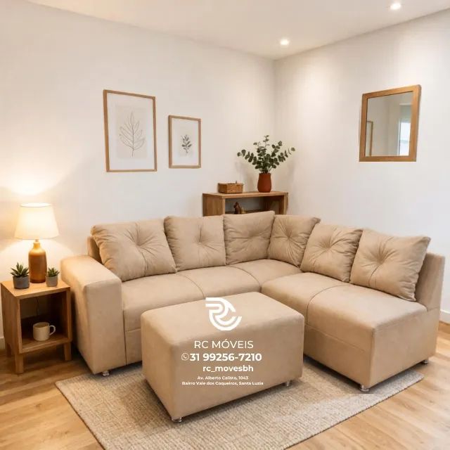 Sofá de Canto com Puff Suede Bege Espuma D33 Confortável Durável - Foto 5