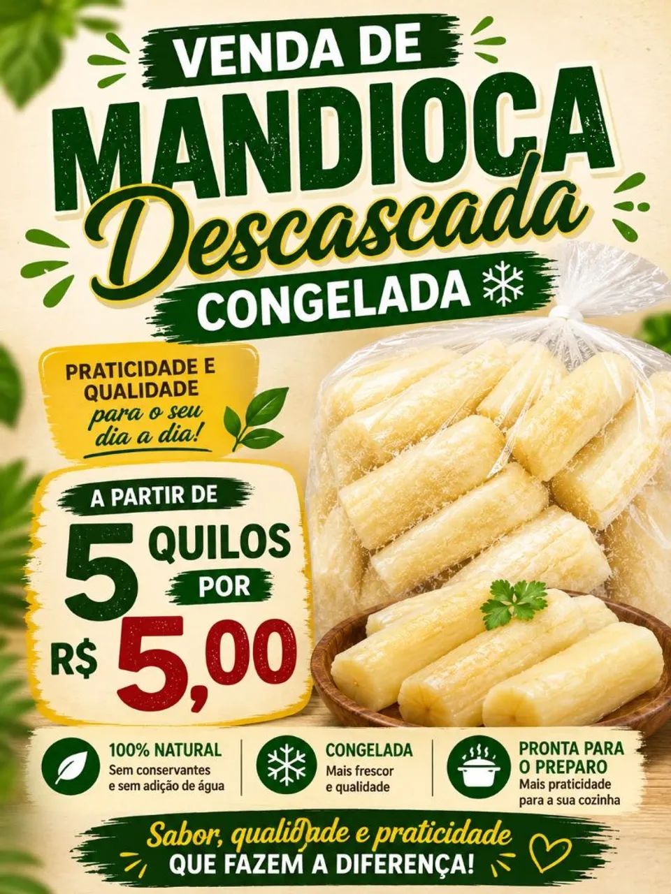 Mandioca,descascada,e congeladas.