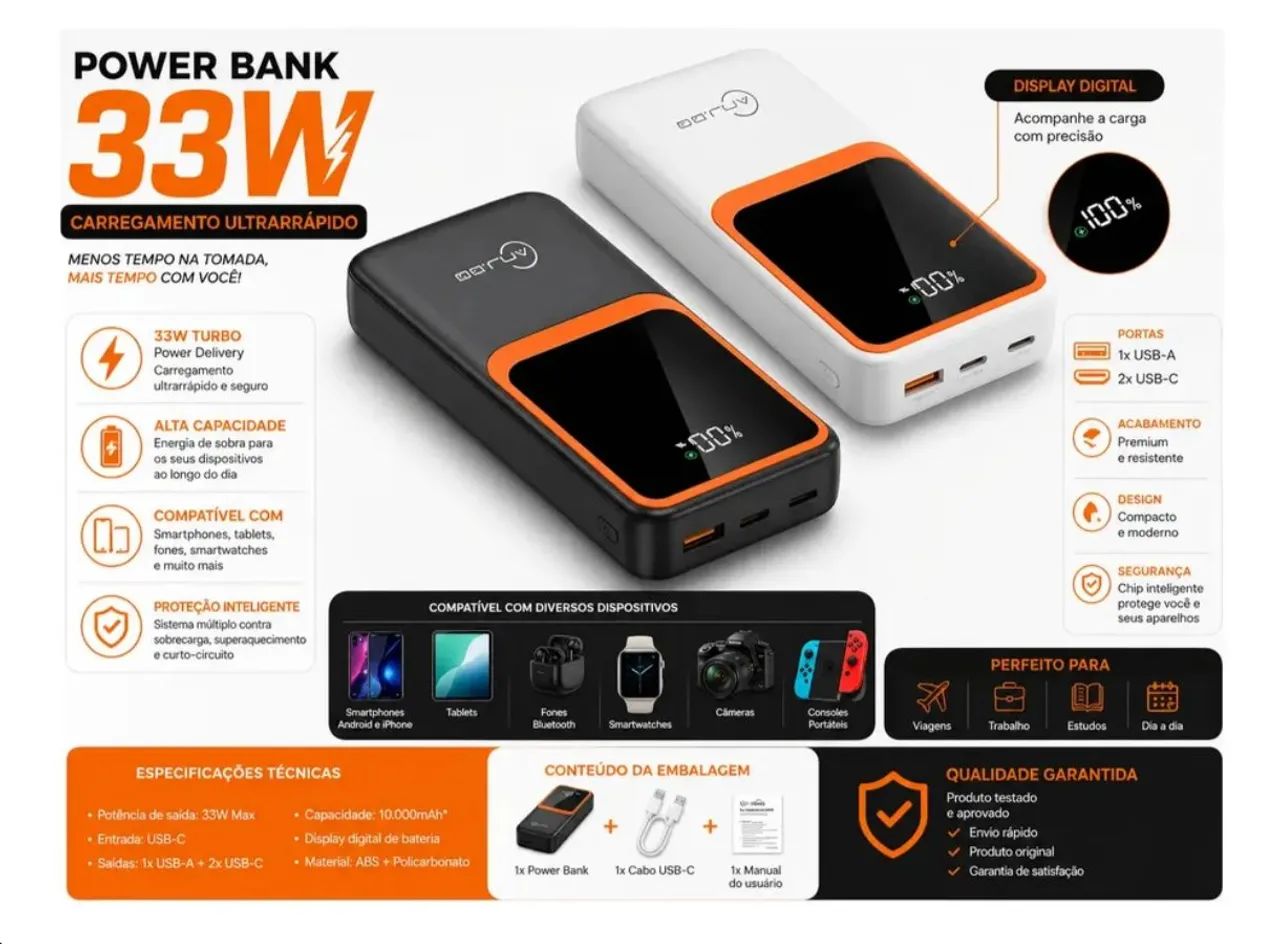 Carredor portátil de 20000mah 33w C/ Display Digital Portátil P/ Iphone E Android - Foto 2