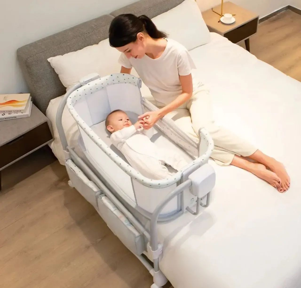 Berço Bluetooth Balanço Automático Duas Alturas Estampado Cinza