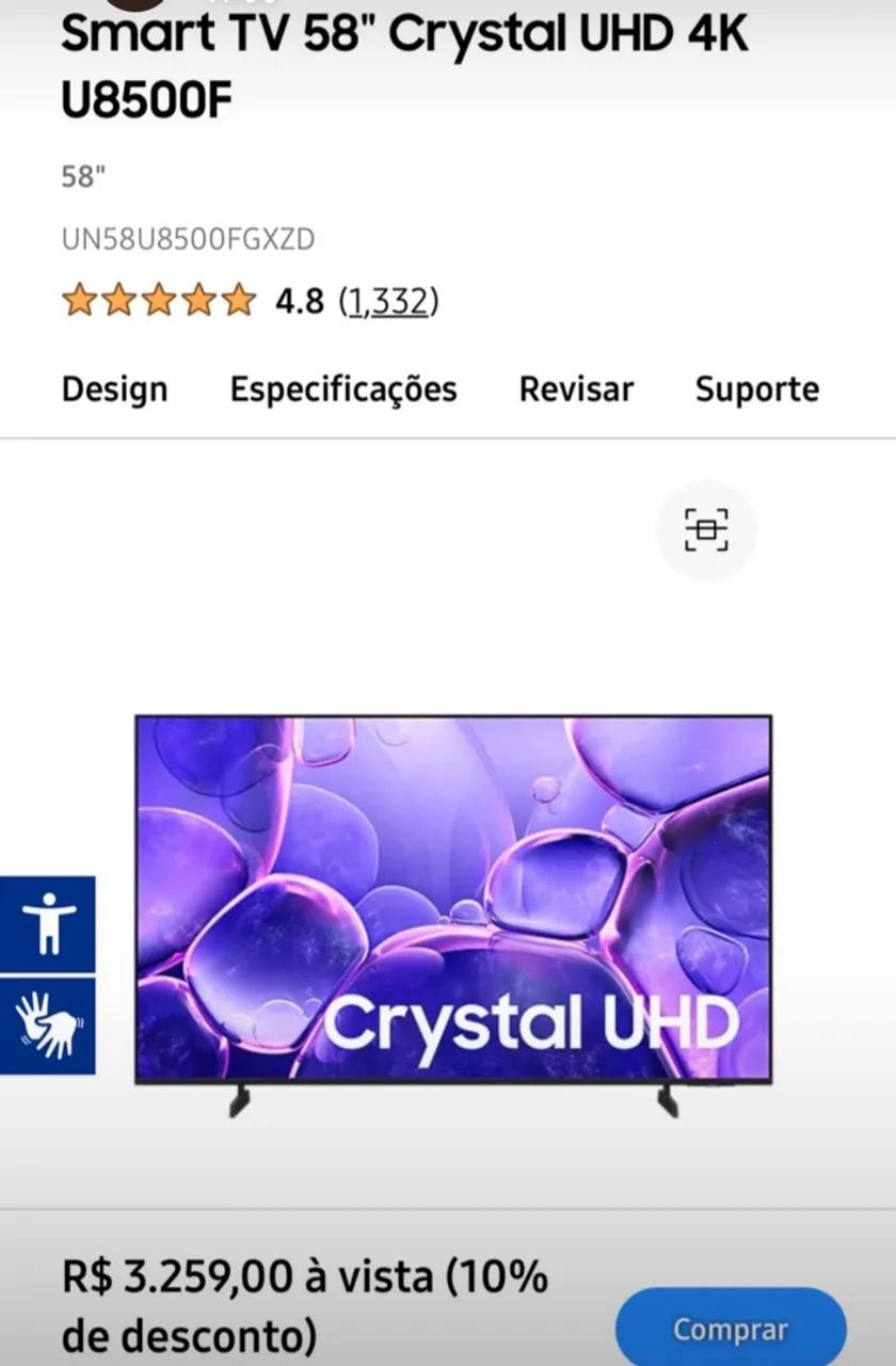 Tv Samsung smart 58 polegadas Crystal UH 4K