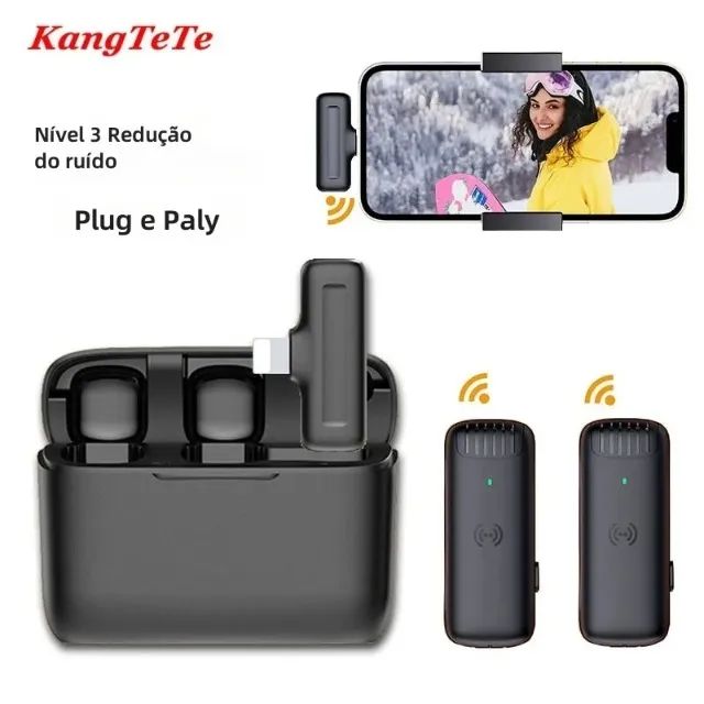 Microfone de Lapela Sem Fio Duplo para iPhone e Android Tipo C com Case