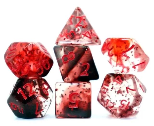 KIT 7 DADOS PARA RPG TRANSLUCIDO COM DETALHES EM VERMELHO - Foto 3