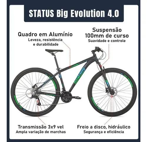 BICICLETA STATUS ARO 29 BIG EVOLUTION 3.0 PRETO VERDE AZUL 21V - Foto 2