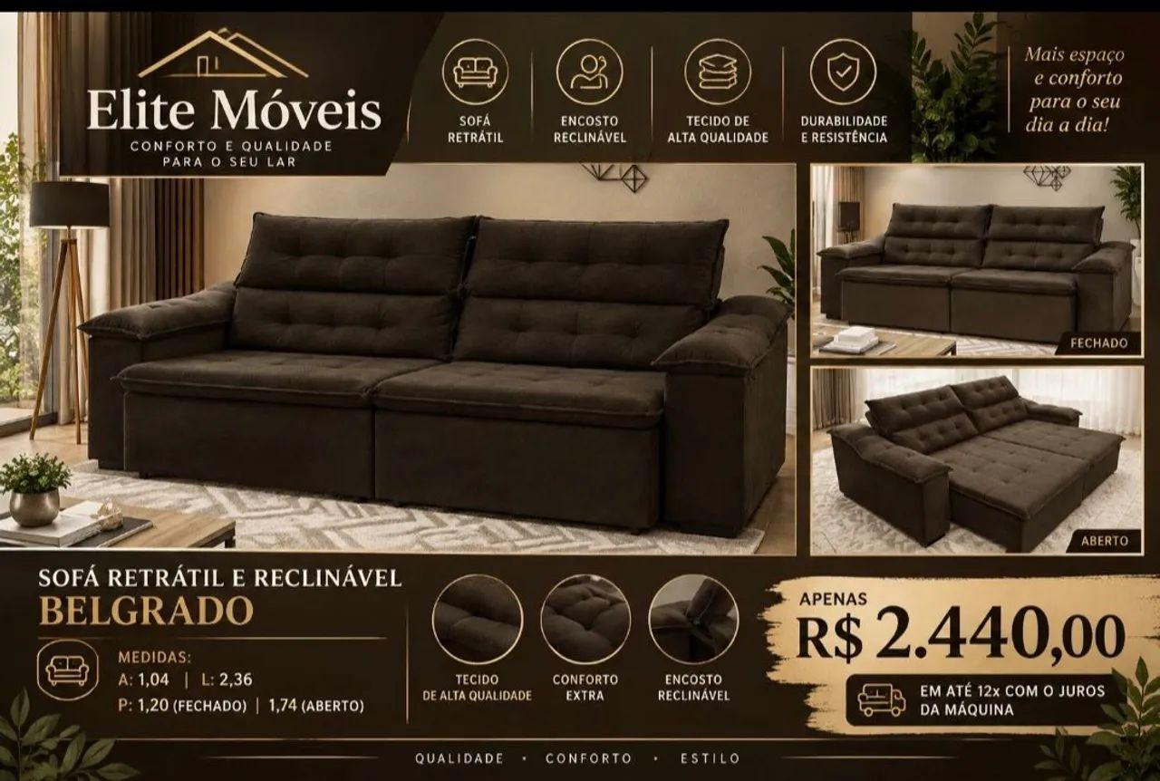 2,440,00 SOFÁ RETRÁTIL E RECLINÁVEL  NOVO COM GARANTIA DE FABRICA. 