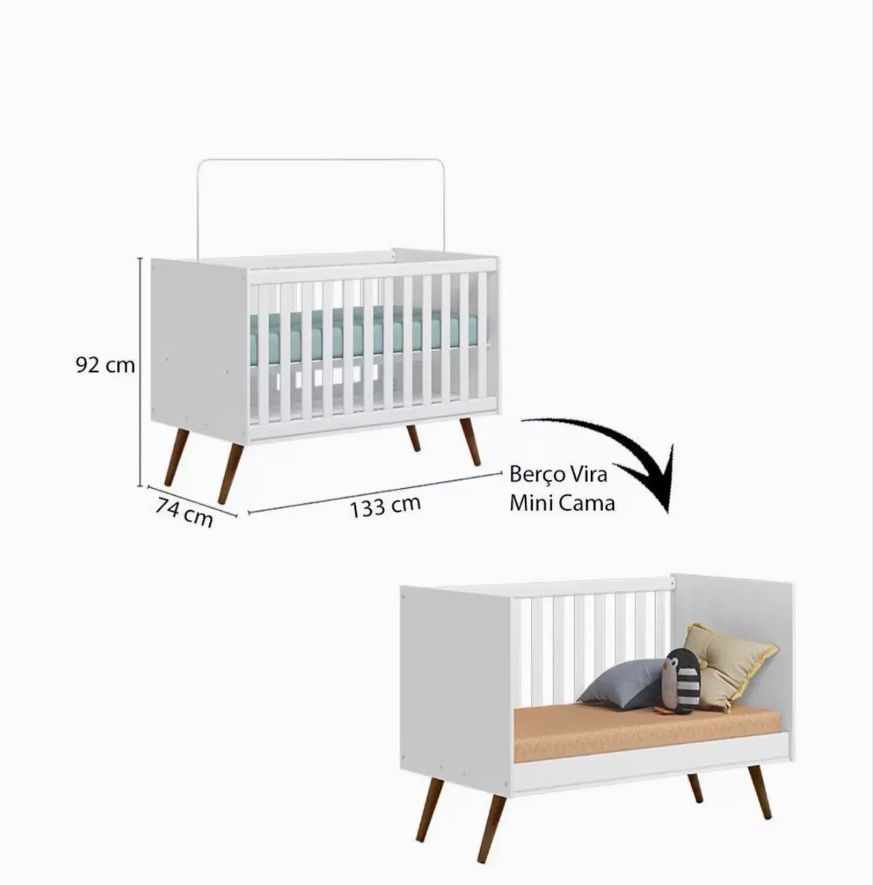 Berço que vira mini cama com colchão 