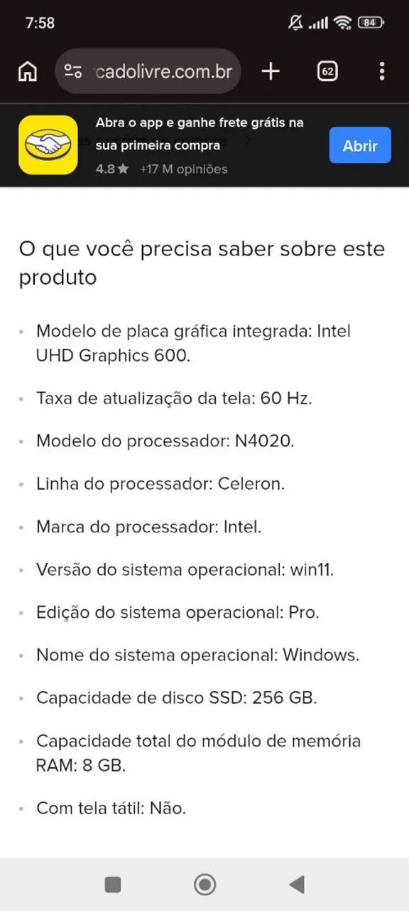 NOTEBOOK Intel Celeron, 8 GB de RAM, 256 Gb, SSD, Windows 11, 14 polegadas, prata - Foto 5