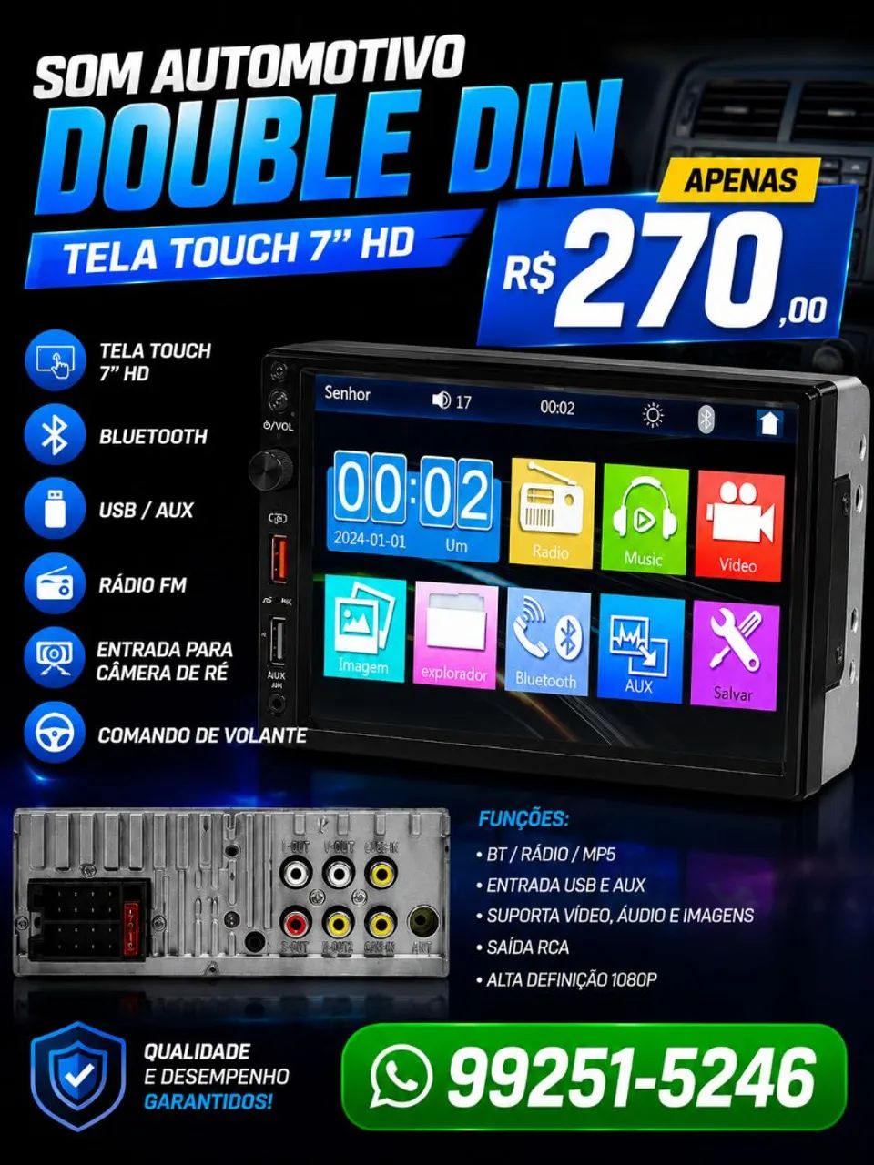 Som automotivo com tela 7 polegadas bluetooth 