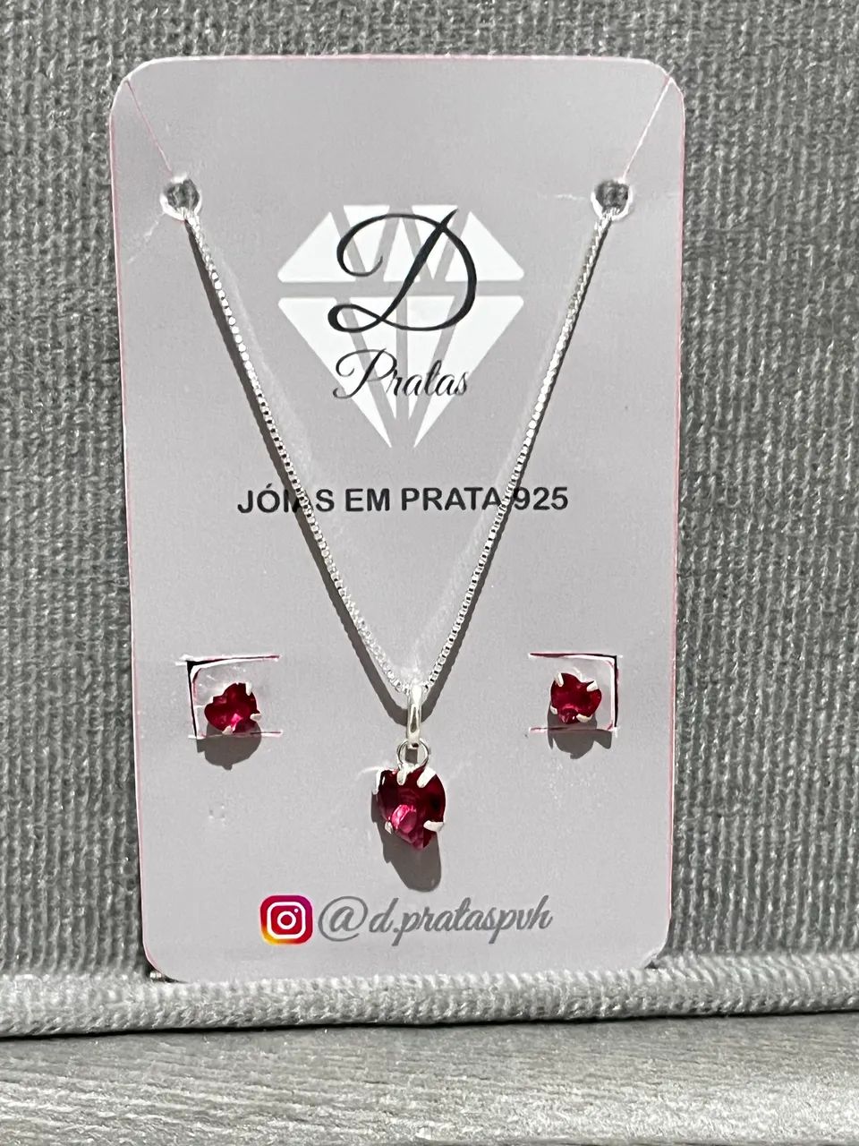 Conjunto colar e brinco coração vermelho, em Prata 925 - Foto 3