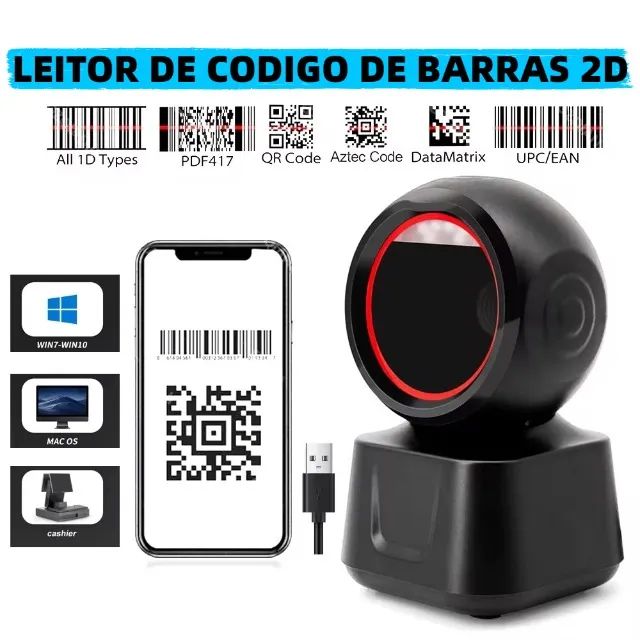 Leitor de Código de Barras Scanner de Mesa Fixo Redondo 1D 2D USB Automático - Foto 4