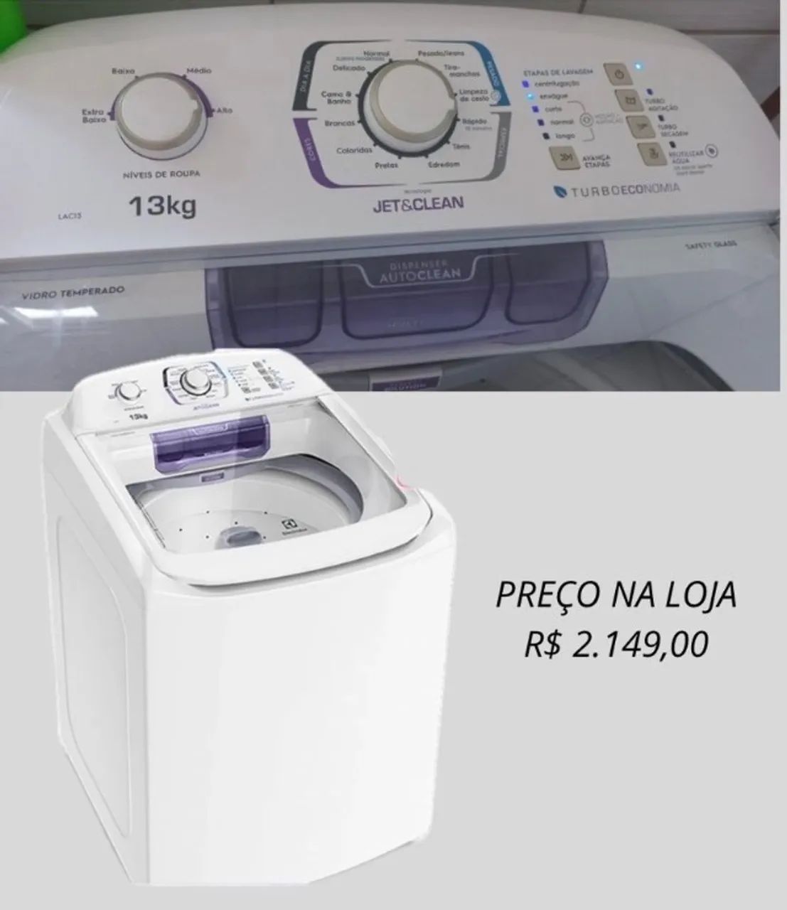 Máquina de Lavar 13kg Electrolux Turbo Economia, Silenciosa com Jet& Clean e Filtro Fiapos