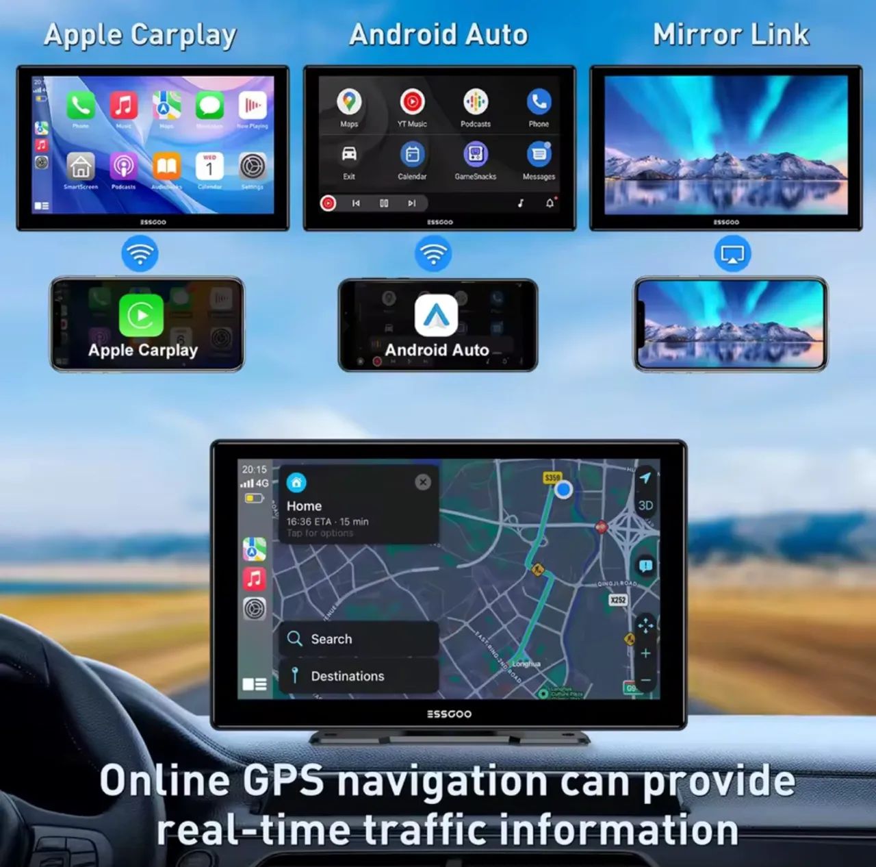 Multimidia ESSGOO de 9 polegadas Android auto e car play sem fio - Foto 4