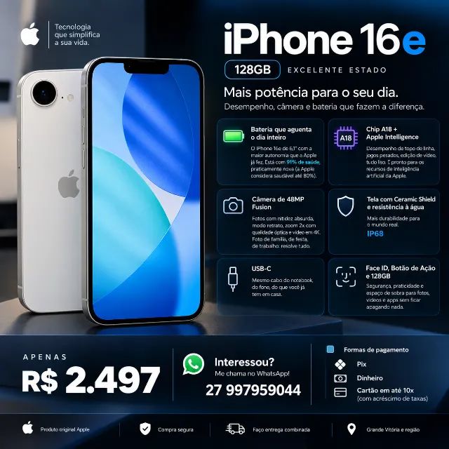iPhone 16e 128GB | 91% Bateria | R$ 2.497 | Oportunidade