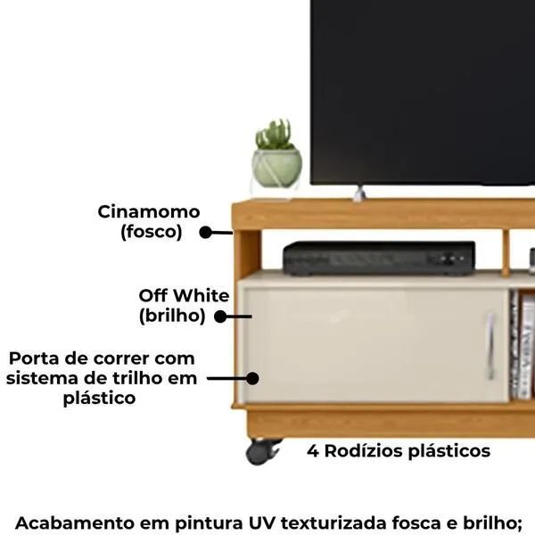 Rack Artur Para TV 50 Polegadas Com Rodízios Cinamomo e Off White - Madetec - Foto 2