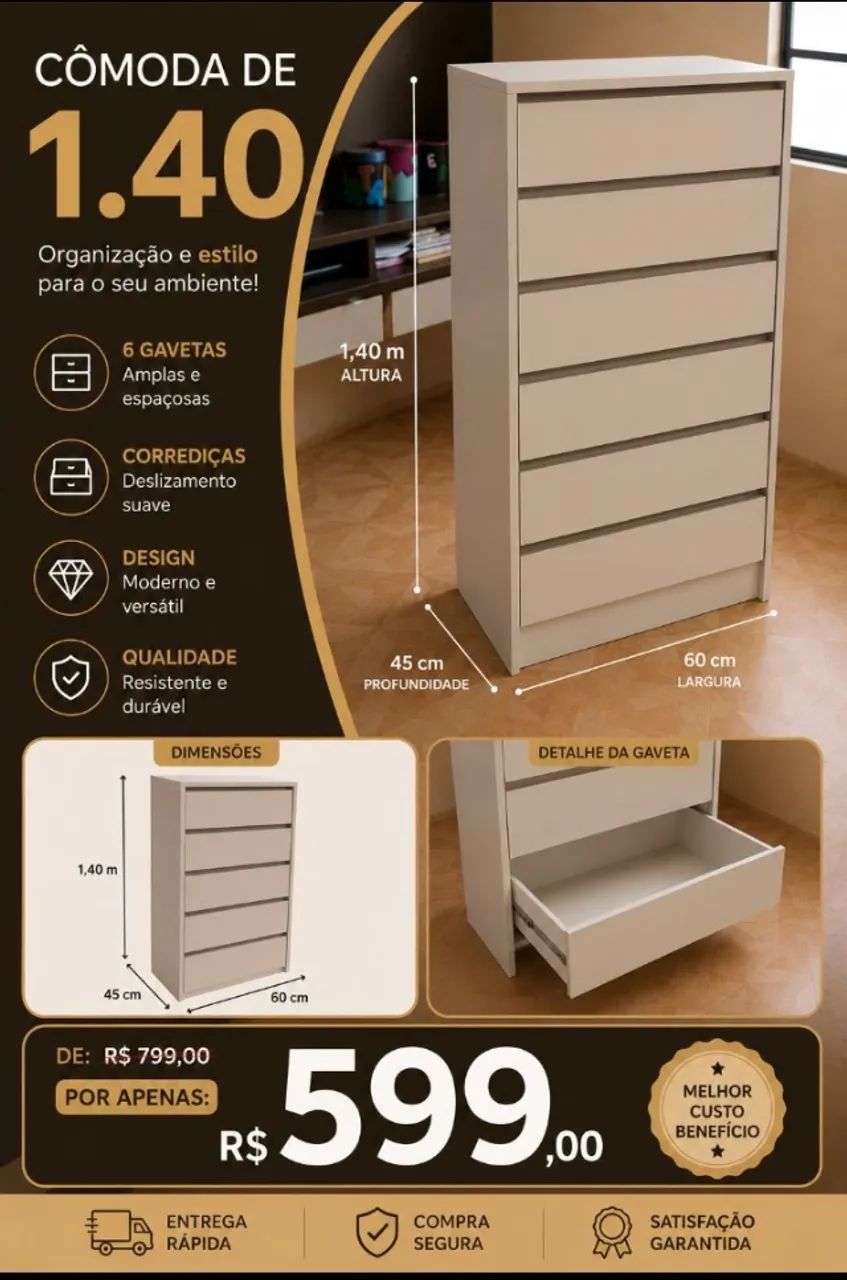 CÔMODA CM 6 GAVETAS MDF NOVO 