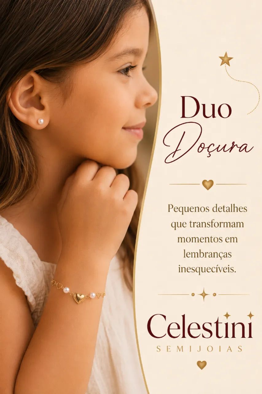 Conjunto infantil pulseira e brinco de pérolas coração | folheado ouro 18k | kit presente