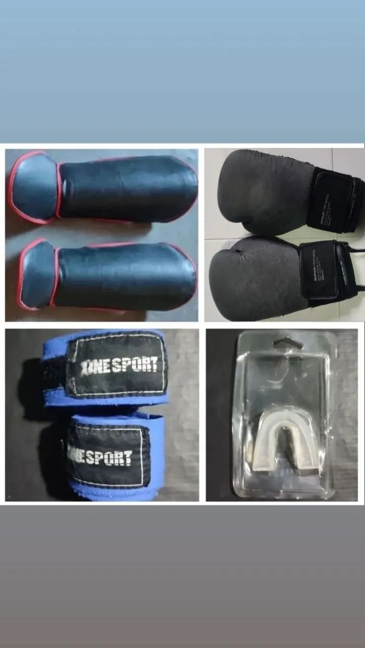 Kit Muay Thai/ luvas + caneleiras + bucal + bandagem