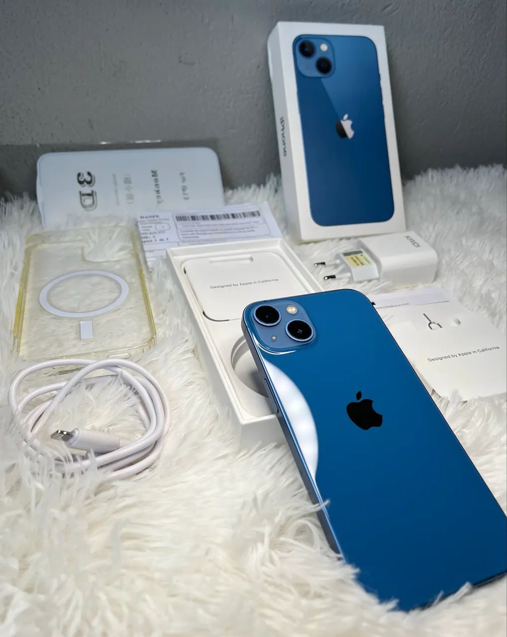 iPhone 13 azul 128GB com caixa, nota, garantia e acessórios