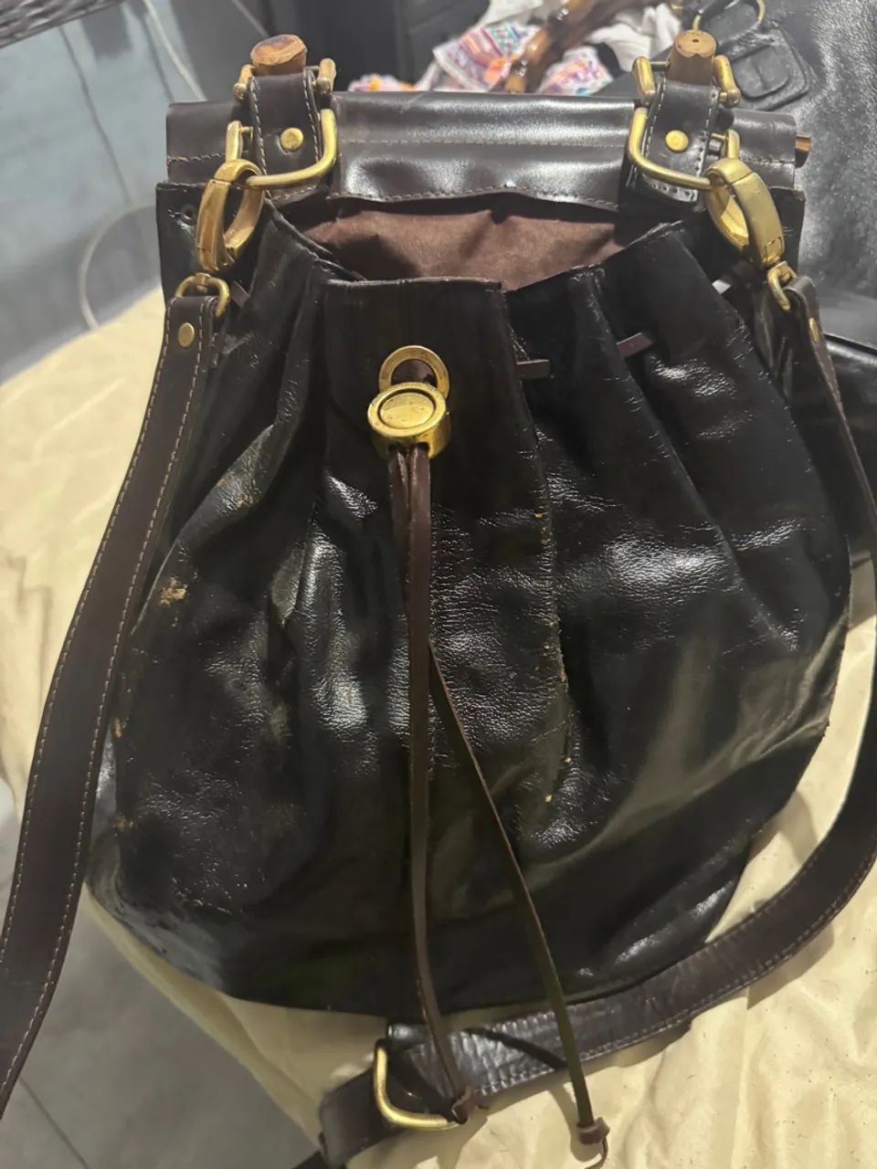 Bolsa  de Mão e mochila    Couro com Alça de Bambu - Foto 2
