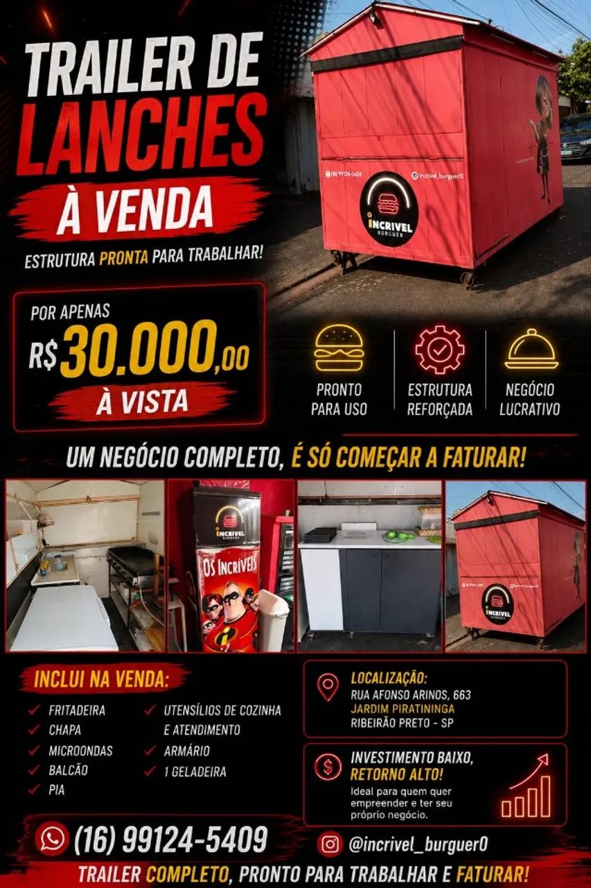 Trailer de Lanches Completo Equipado Pronto para Trabalhar