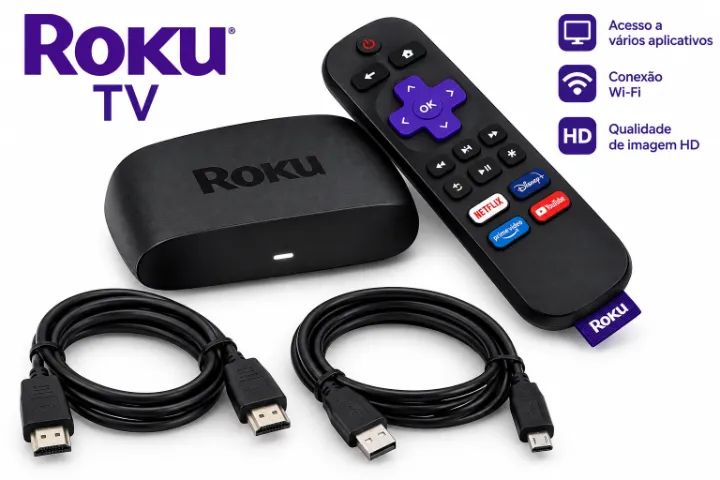 Roku TV Express com Controle e Cabos - Funcionando