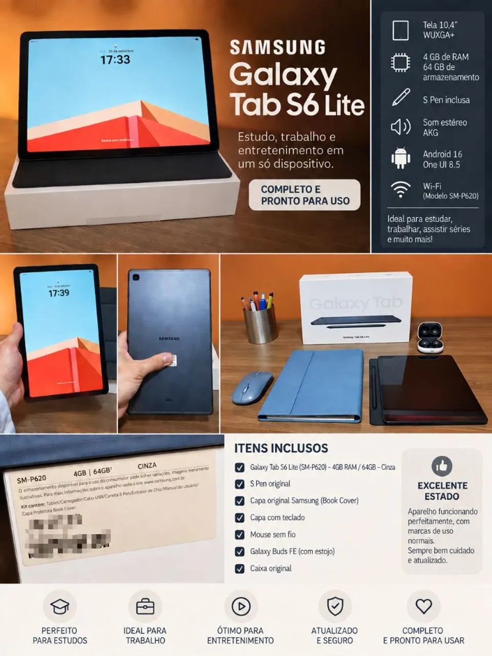 GALAXY TAB S6 LITE COMPLETO + VÁRIOS ACESSÓRIOS 