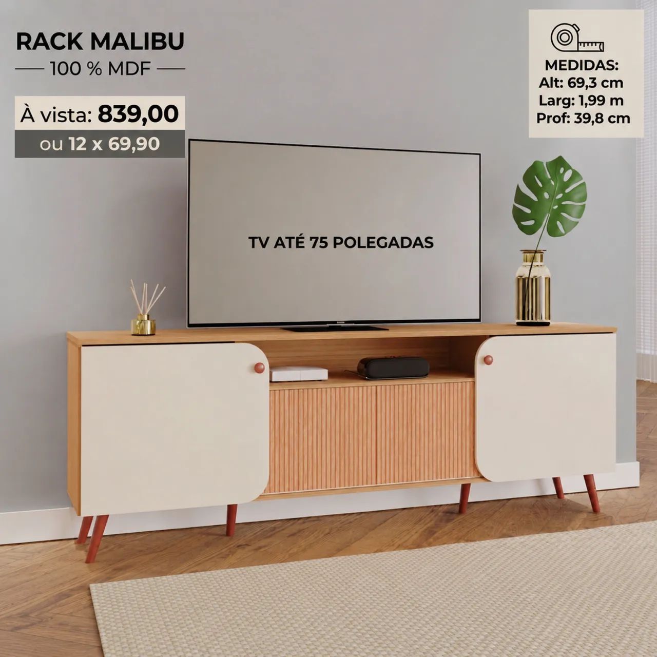 PROMOÇÃO URGENTE - Rack Malibu 100% MDF para Tv com até 75 POLEGADAS 