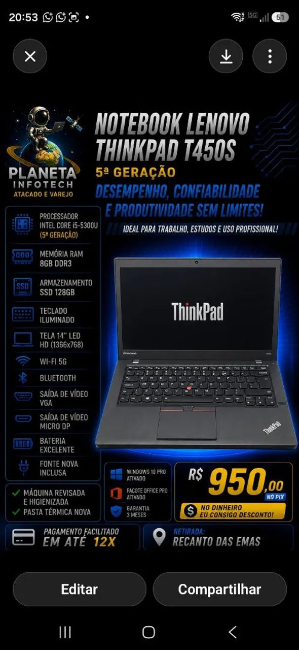 Notebook Lenovo ThinkPad core i5 5300U com 8gb de ram + SSD 128gb