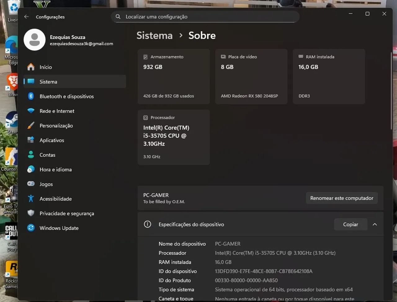 VENDO PC GAMER COMPLETO PLACA DE VÍDEO RX580 8GB CM 9 MESES DE COMPRADA - Foto 2