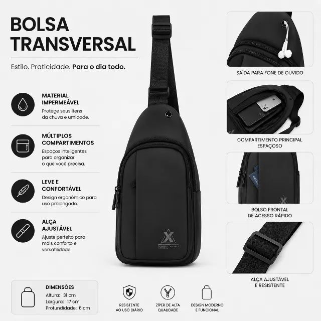 Bolsa Transversal Impermeável Premium - Estilo e Praticidade no Dia a Dia