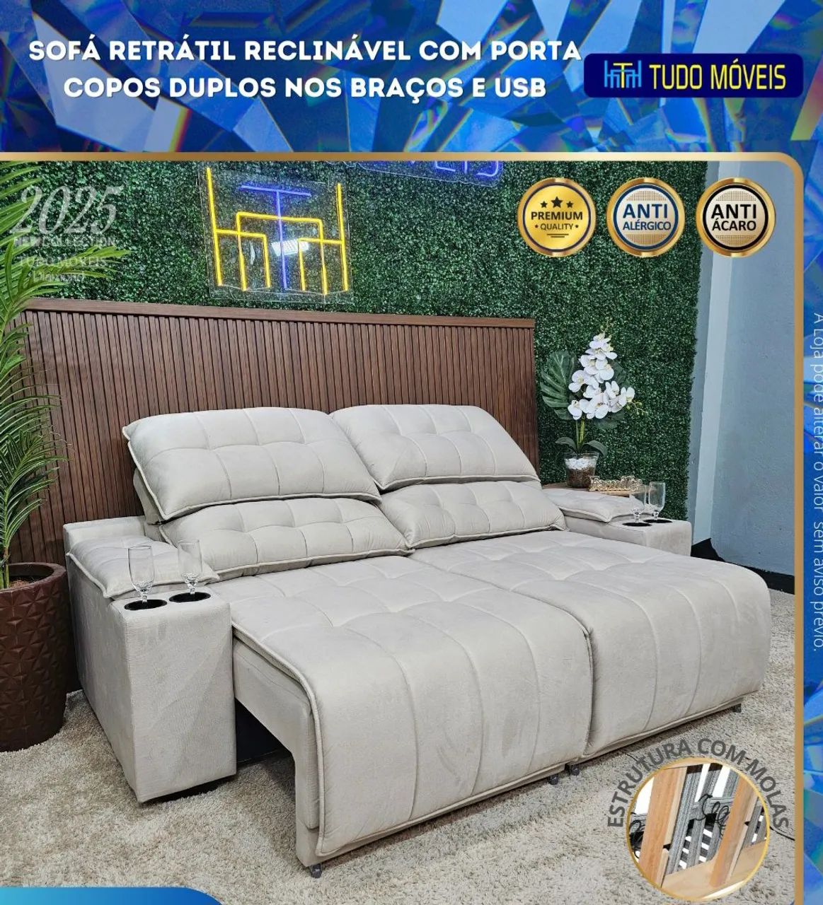 SOFA RETRÁTIL E RECLINÁVEL COM PORTA-COPOS E ENTRADA USB INTEGRADO