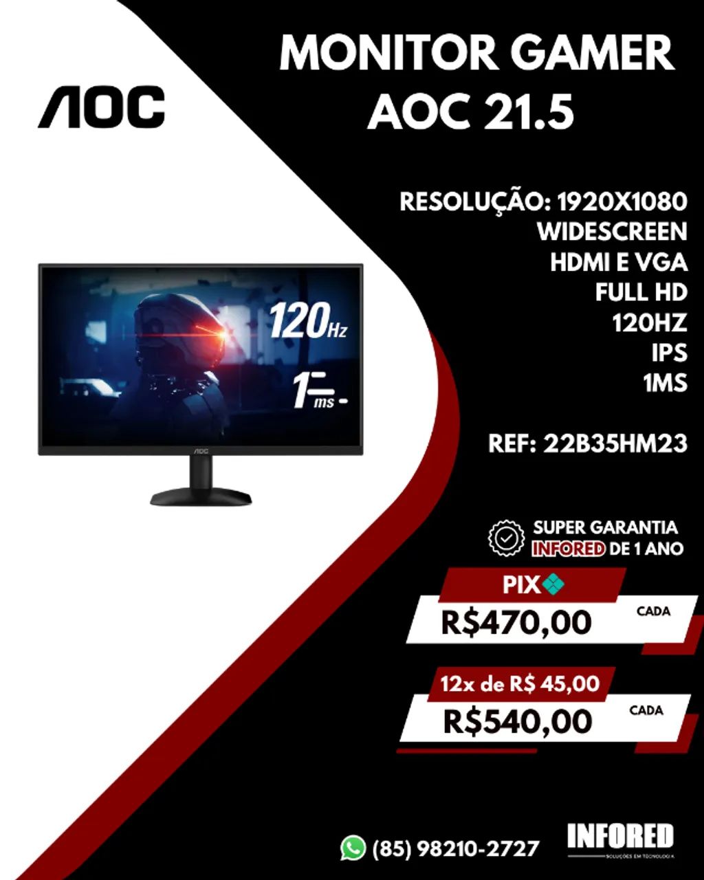 Monitor Gamer AOC 21,5" Full HD 120Hz