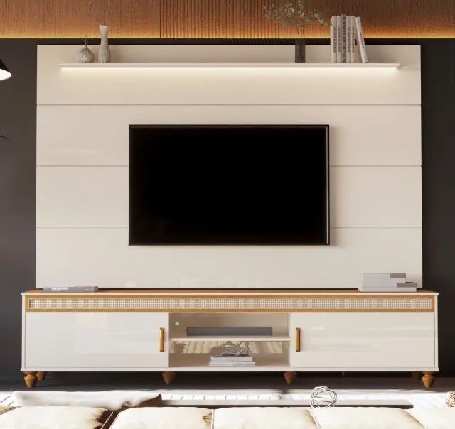 Conjunto Painel e Rack Bellini 218 Off White e Cedro