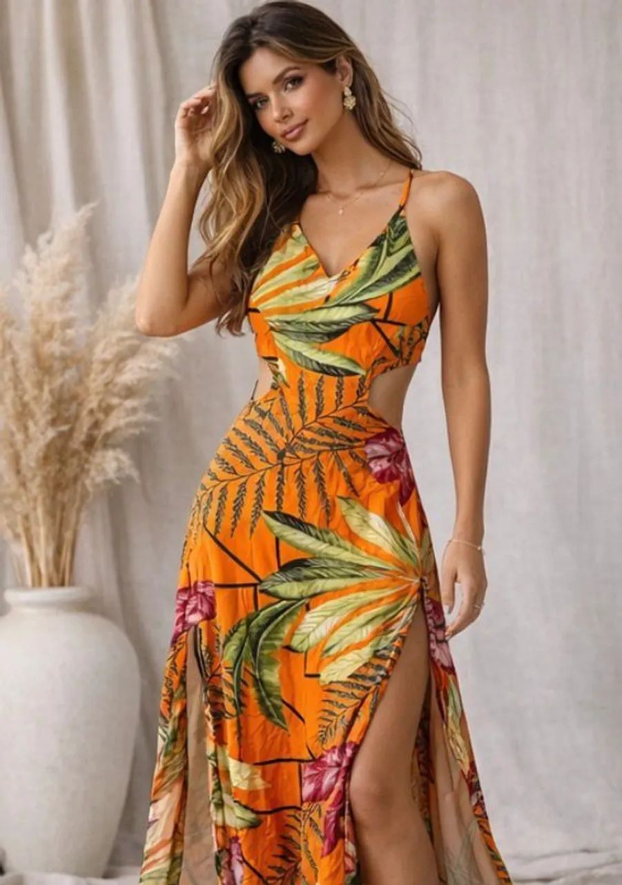 Vestido de Verão Tropical com Bojo - Alcinha Cruzada  - Foto 3