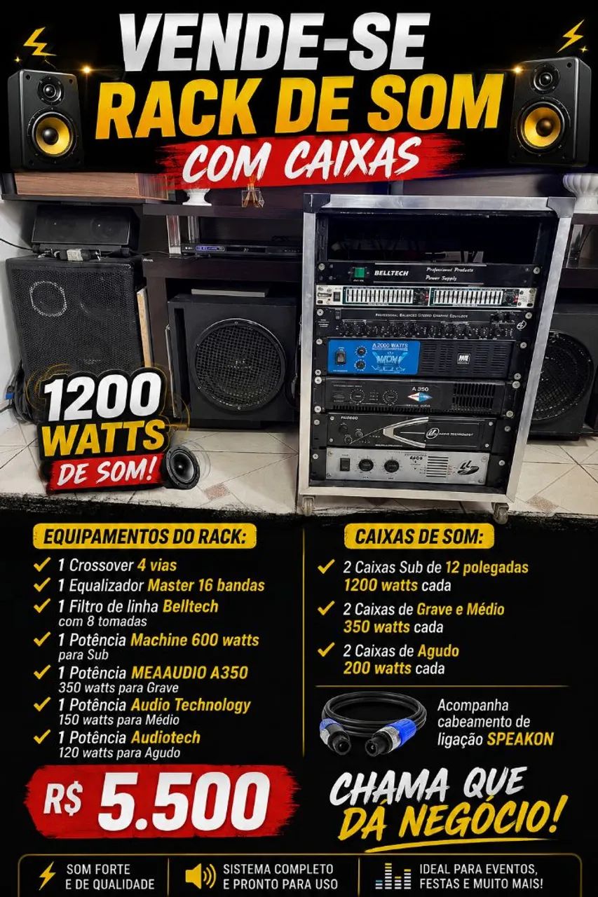 Rack de som completo com caixas 