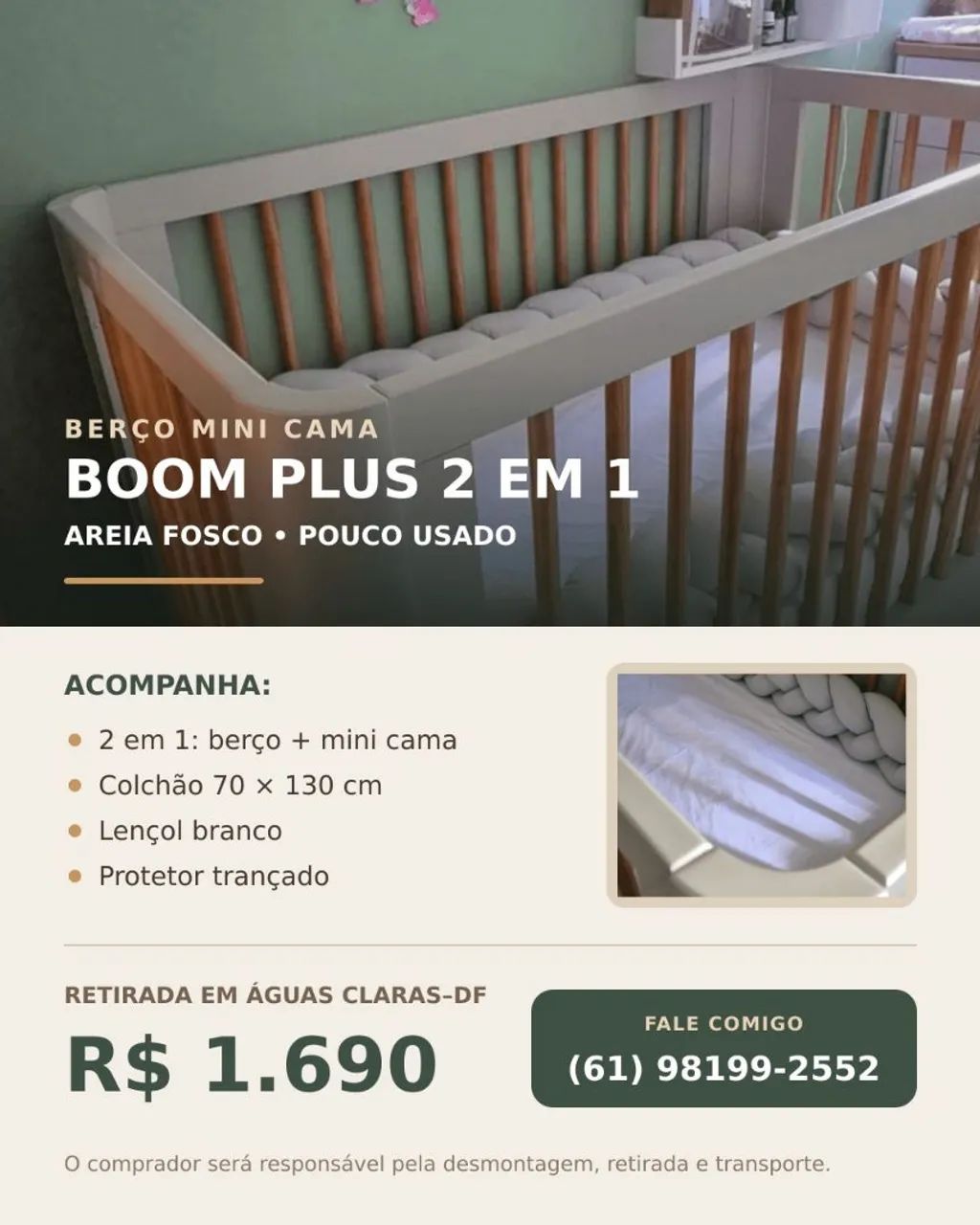 BERÇO MINI CAMA BOOM 2 EM 1 + COLCHÃO E PROTETOR