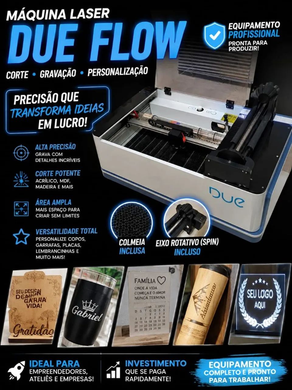 Gravadora laser due flow com colmeia e giro rotativo