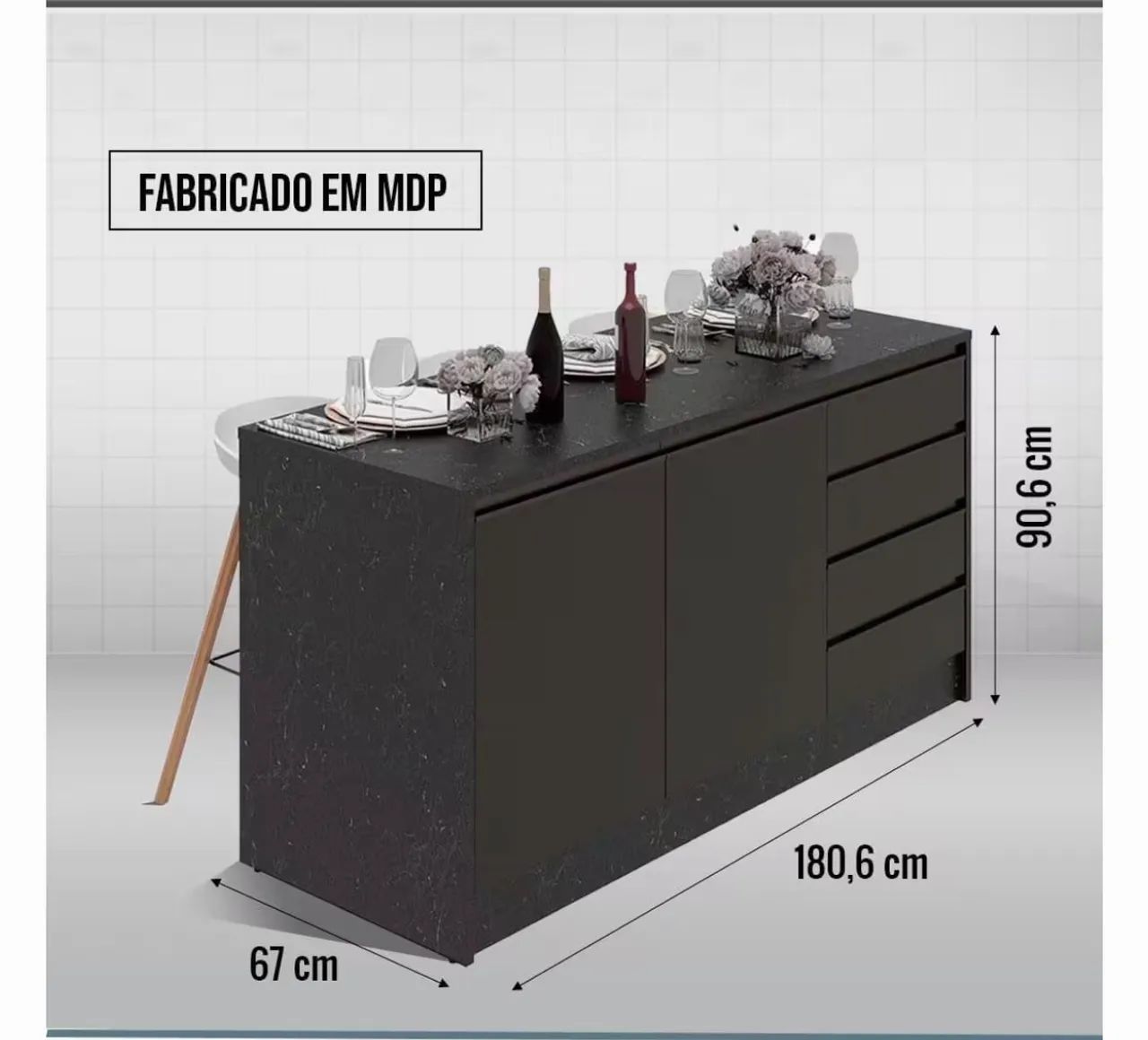 Bancada Gourmet Preta com 3 Banquetas - Foto 2